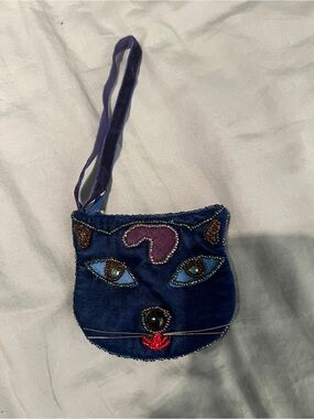 Embroidered Cat Face Navy Wristlet Clutch